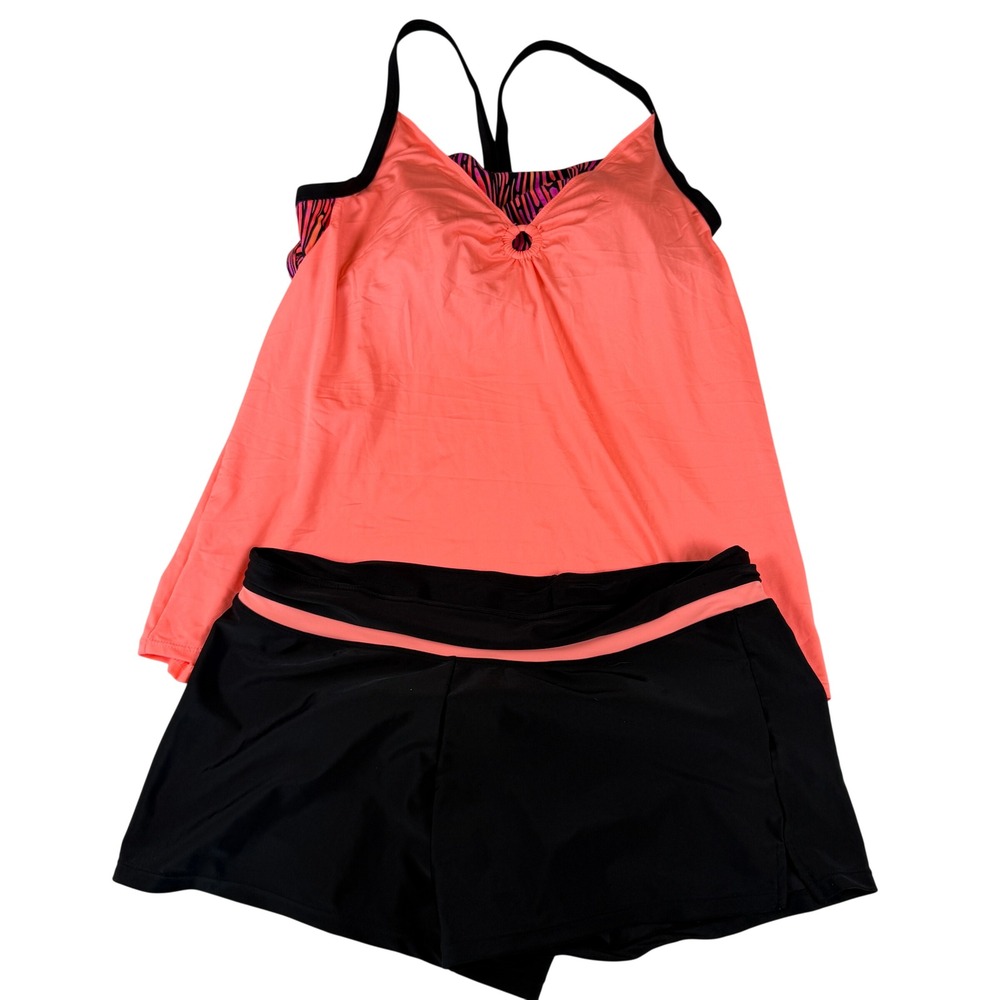 ZeroXposur Womens Tankini Swimsuit Set Coral Orange Black Shorts Size L